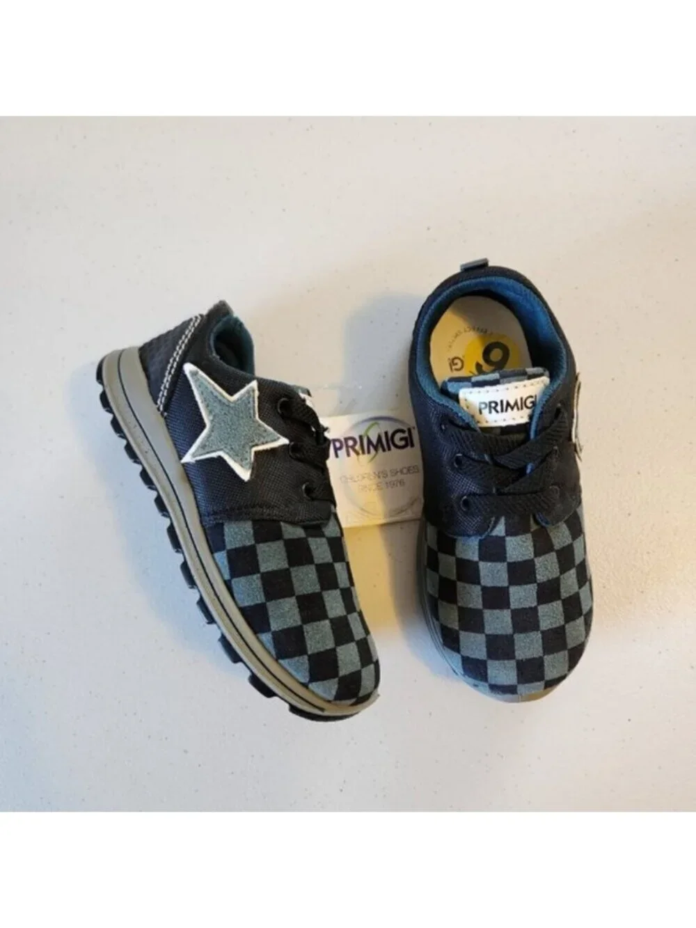 Primigi Boys Blue Checkered Star Sneakers Running Shoes Kids Size 25 8.5 new